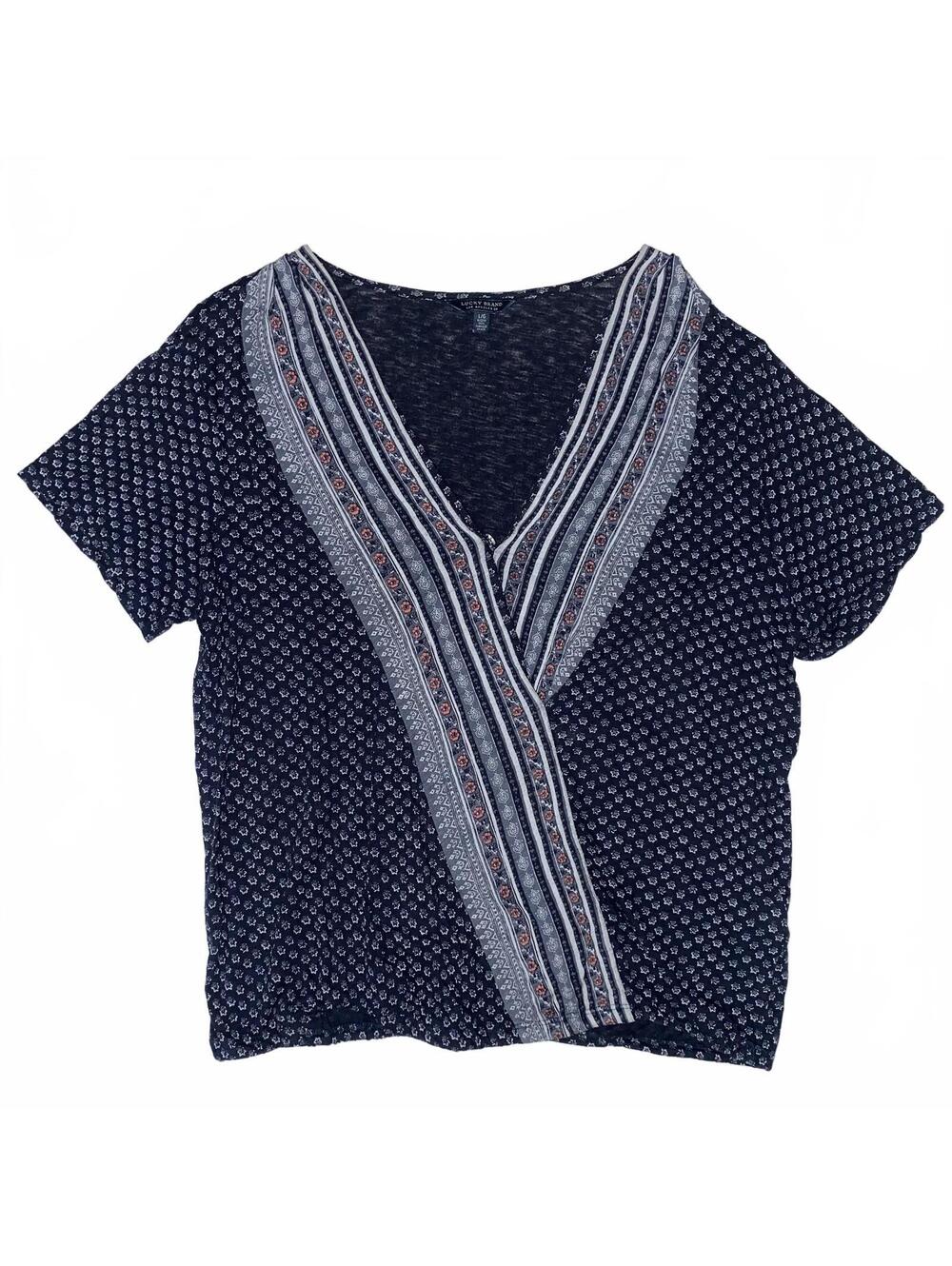 Lucky Brand Navy Blue Boho Print Surplice Top Women’s Size Large Y2K Bohemian